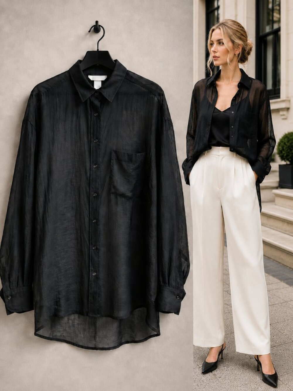 NWT H&M Black Sheer Lyocell Blend Oversized Shirt L Formal Dinner Travel Holiday